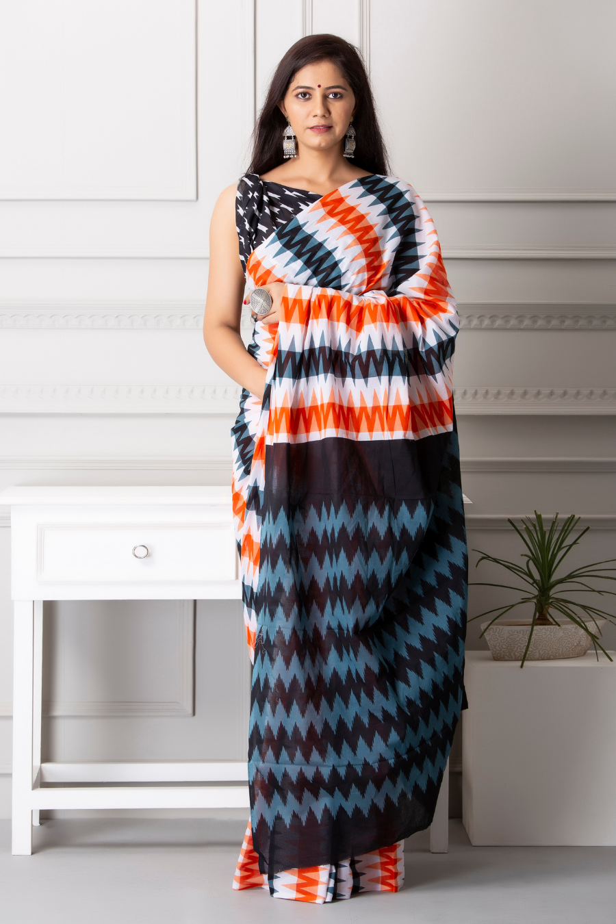 Multicolor Ikat Print Cotton Saree for Women | Black, White, Orange & Blue