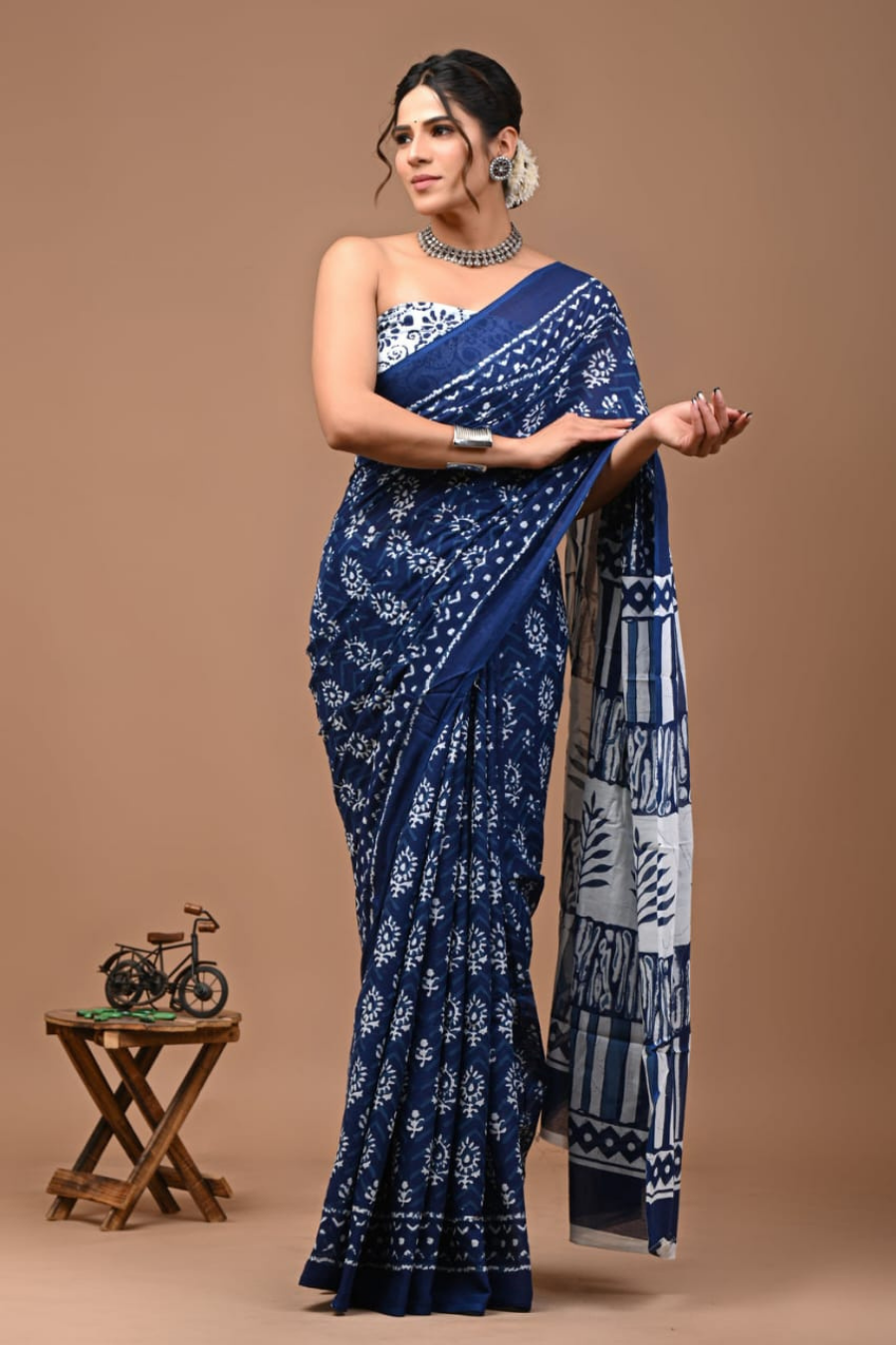 Indigo Blue Cotton Mulmul Saree for Women | Hand Block Printed Saree | White Ethnic Motif & Contrast Pallu | Lightweight Daily Wear Saree