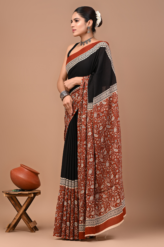 Black Cotton Mulmul Saree with Bronze Designer Pallu & White Artistic Border