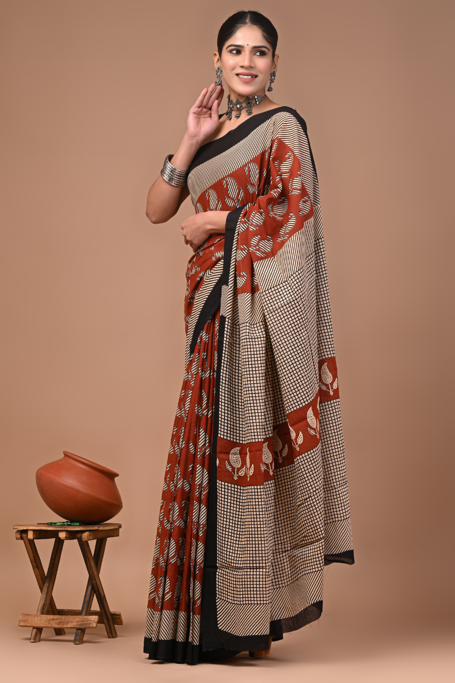 Black Cotton Mulmul Saree with Peach Striped Pattern & Elegant Black Border