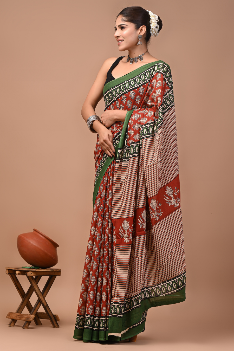 Brown Cotton Mulmul Saree with Forest Green Border & White Striped Print