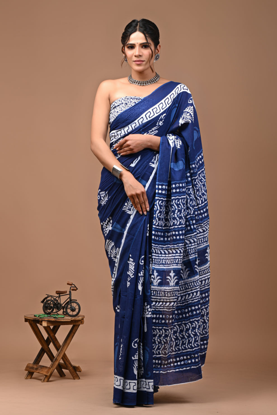 Blue Cotton Mulmul Saree with Light Blue & White Artistic Design
