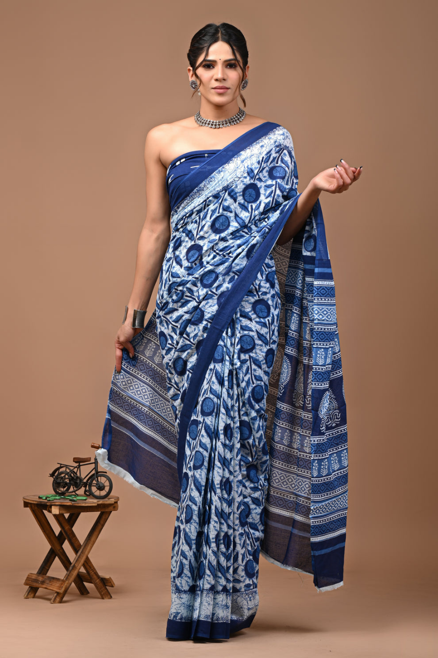 Blue Hand Block Printed Cotton Mulmul Saree | Blue, White & Black Print | Soft Lightweight Ethnic Wear