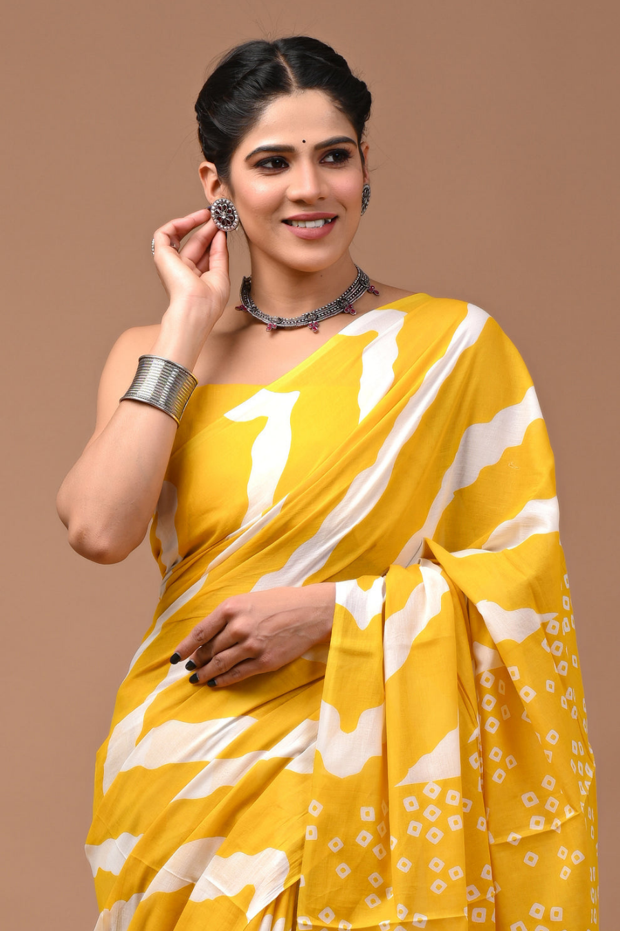 Turmeric Yellow Printed Cotton Mulmul Saree | White Line Pattern | Soft Lightweight Ethnic Wear