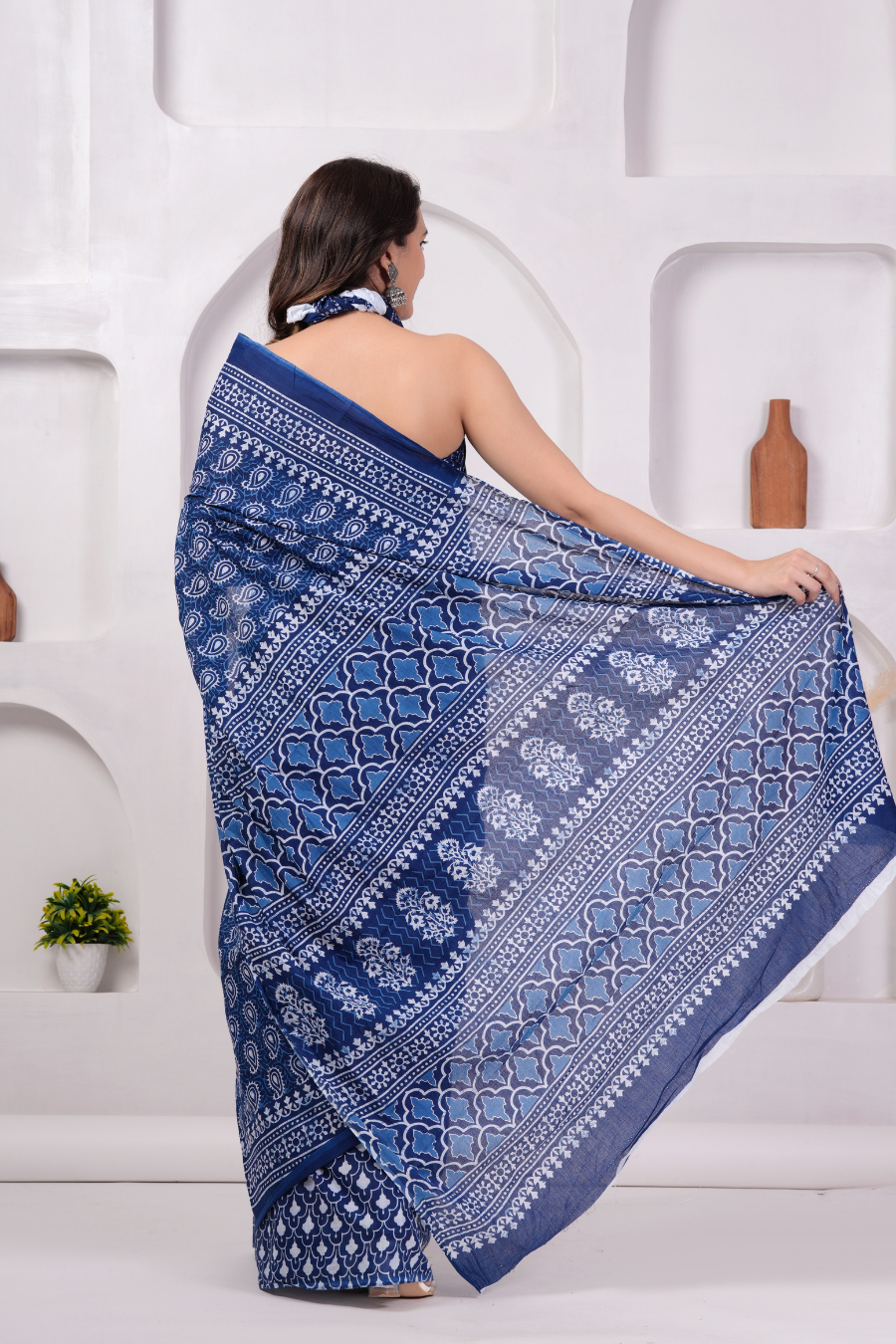 Blue Hand Block Printed Cotton Mulmul Saree | White Print | Soft Lightweight Ethnic Wear