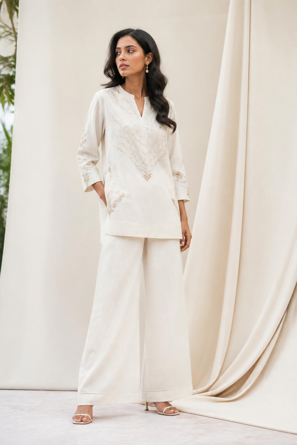 Model wearing a premium ivory linen co-ord set