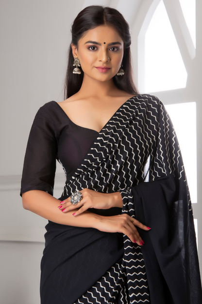 Black Hand Block Printed Cotton Mulmul Saree | White Zig-Zag Pattern | Soft Lightweight Ethnic Wear