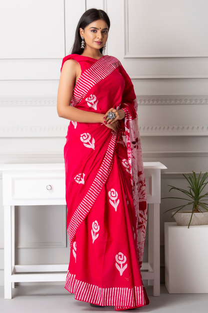 Rani Pink  Printed Cotton Mulmul Saree | White Floral Print | Soft Lightweight Ethnic Wear