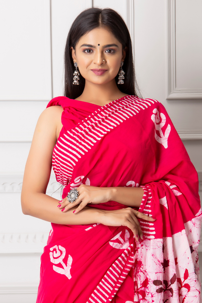 Rani Pink  Printed Cotton Mulmul Saree | White Floral Print | Soft Lightweight Ethnic Wear