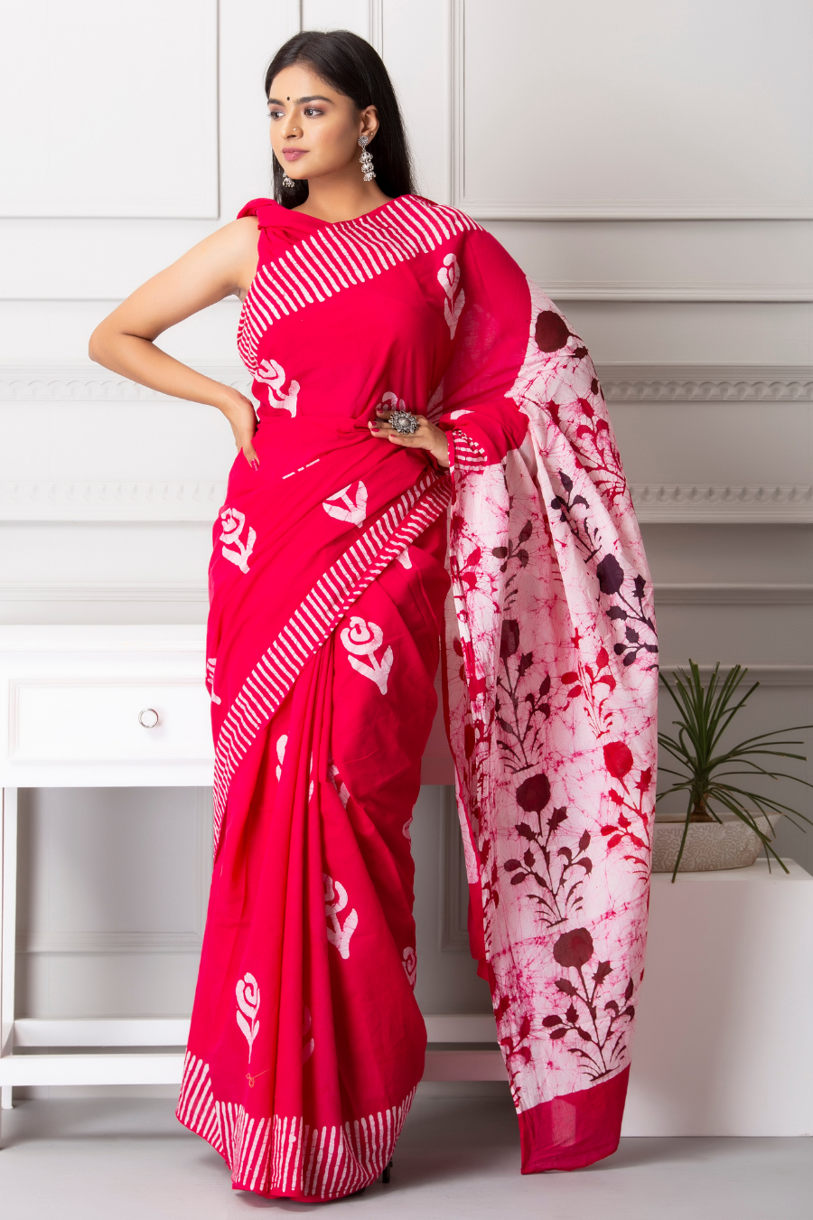 Rani Pink  Printed Cotton Mulmul Saree | White Floral Print | Soft Lightweight Ethnic Wear