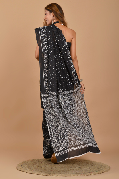 Black   Printed Cotton Mulmul Saree | White Dot & Artisan Print | Soft Lightweight Ethnic Wear