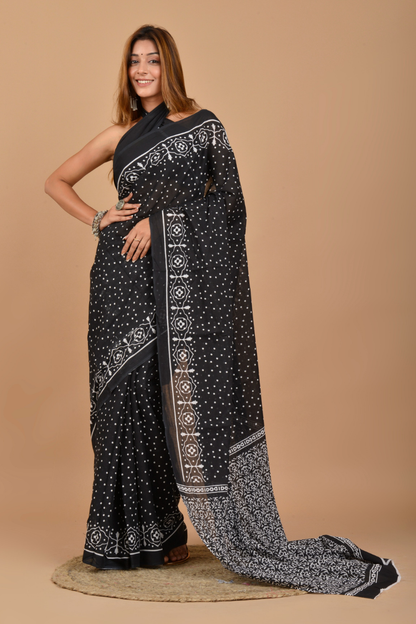 Black   Printed Cotton Mulmul Saree | White Dot & Artisan Print | Soft Lightweight Ethnic Wear