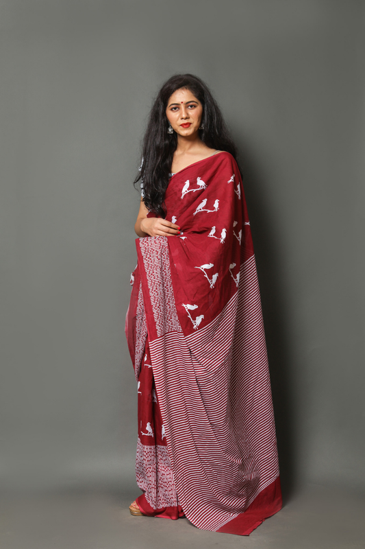 Maroon Cotton Mulmul Saree for Women | Hand Block Printed Saree | White Border Bird Print | Lightweight Daily Wear Ethnic Saree