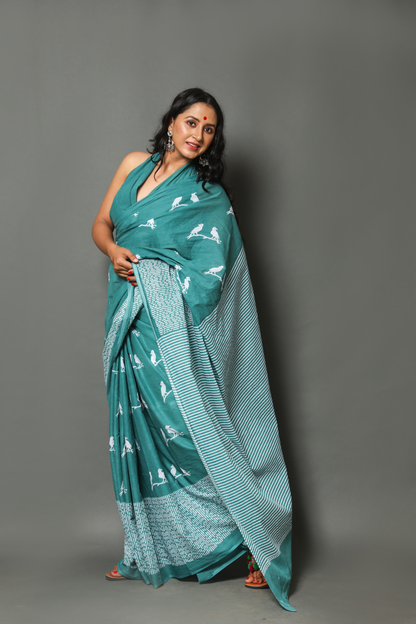 Sky Blue Cotton Mulmul Saree for Women | Hand Block Printed Saree | White Border & Bird Print | Lightweight Ethnic Daily Wear Saree