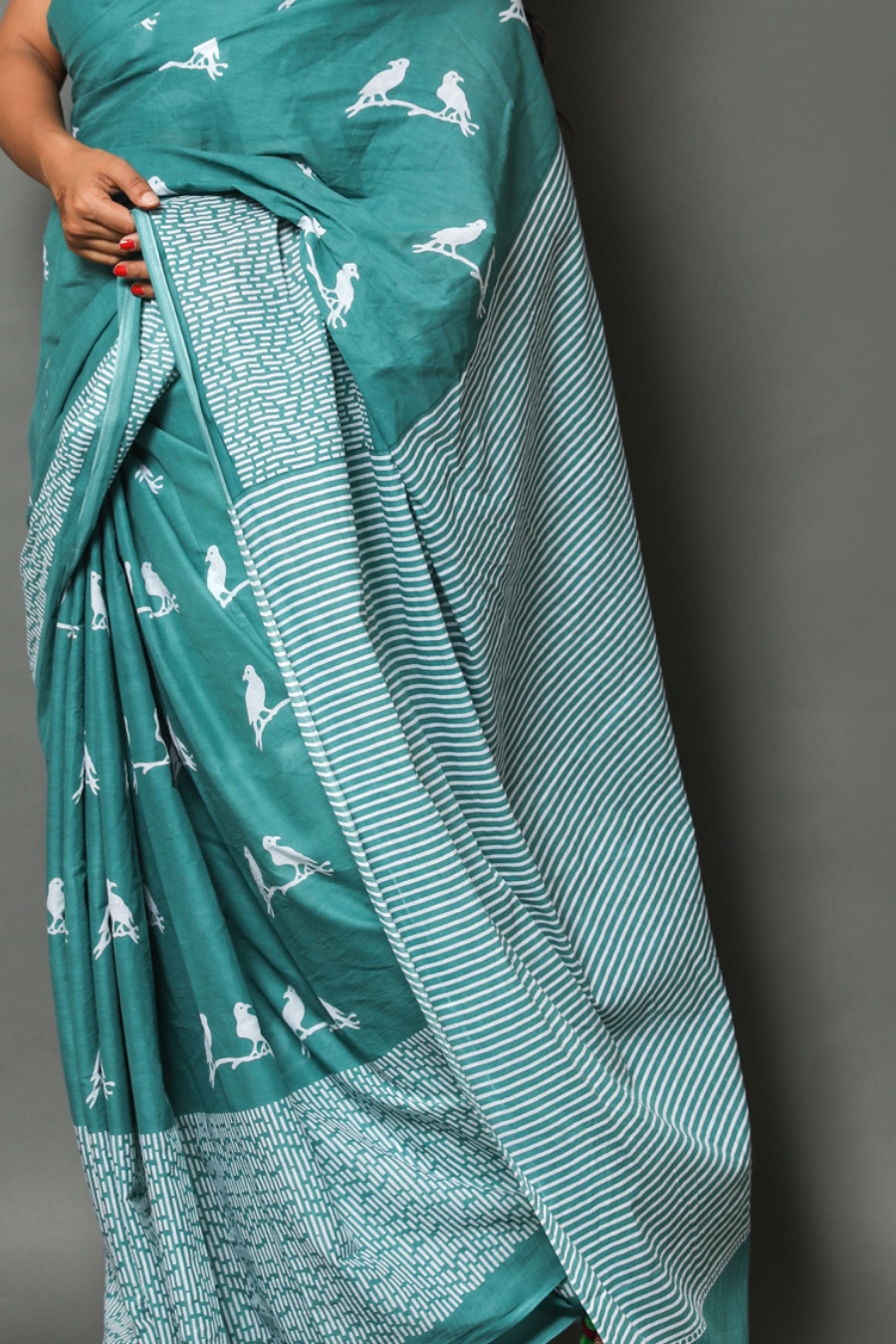 Sky Blue Cotton Mulmul Saree for Women | Hand Block Printed Saree | White Border & Bird Print | Lightweight Ethnic Daily Wear Saree