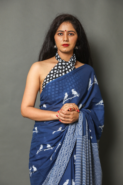 Blue Cotton Mulmul Saree for Women | Hand Block Printed Saree | White Zig-Zag Pallu & Bird Pair Print | Lightweight Ethnic Daily Wear Saree