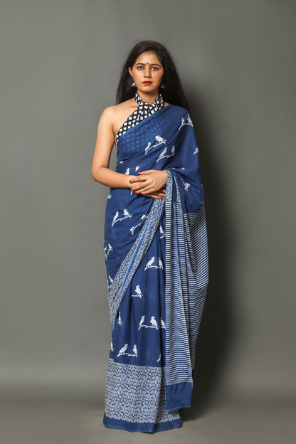 Blue Cotton Mulmul Saree for Women | Hand Block Printed Saree | White Zig-Zag Pallu & Bird Pair Print | Lightweight Ethnic Daily Wear Saree