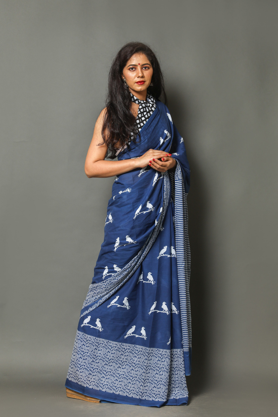 Blue Cotton Mulmul Saree for Women | Hand Block Printed Saree | White Zig-Zag Pallu & Bird Pair Print | Lightweight Ethnic Daily Wear Saree