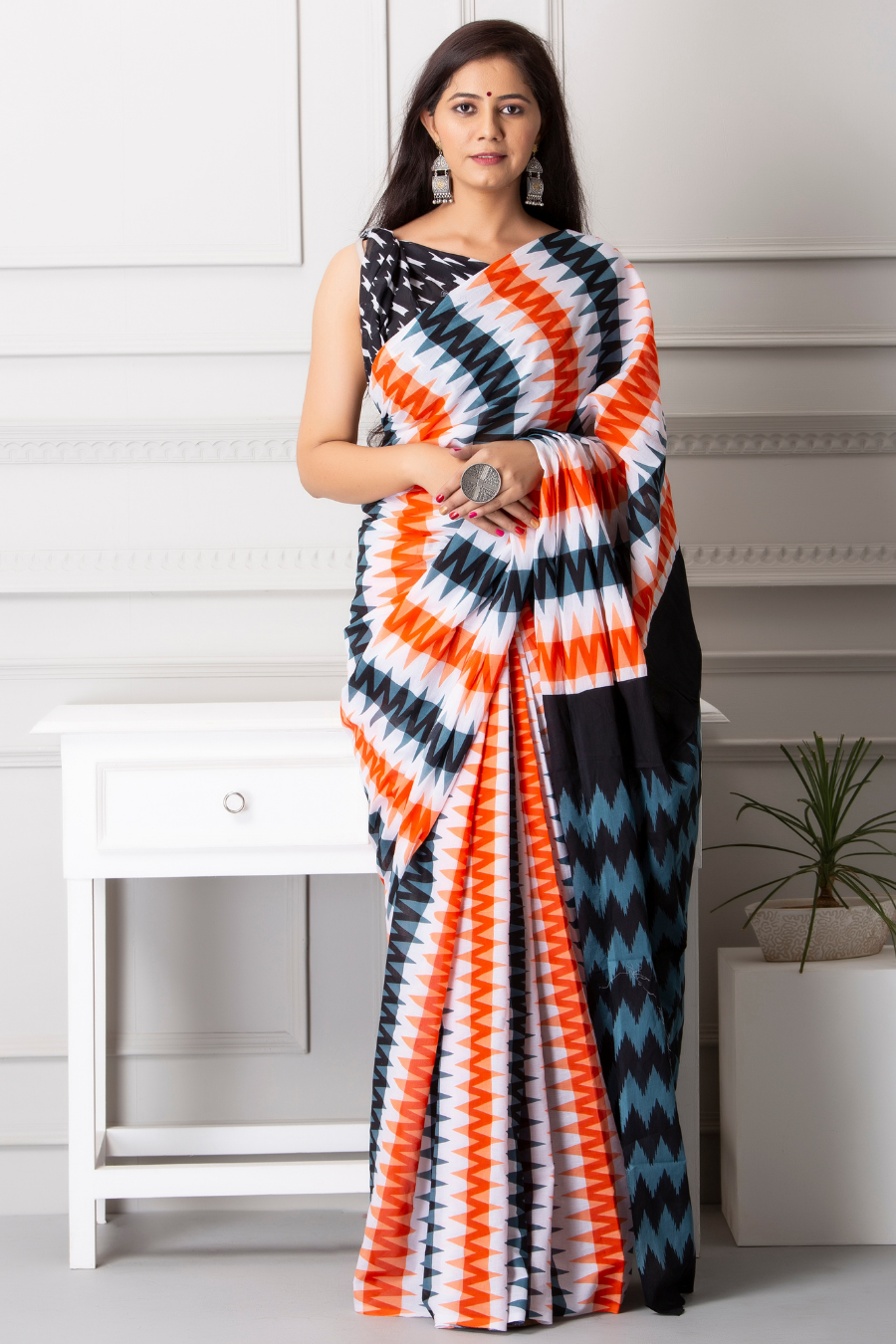 Multicolor Ikat Print Cotton Saree for Women | Black, White, Orange & Blue