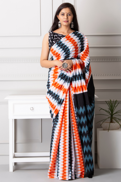 Multicolor Ikat Print Cotton Saree for Women | Black, White, Orange & Blue