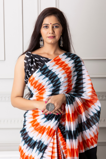 Multicolor Ikat Print Cotton Saree for Women | Black, White, Orange & Blue