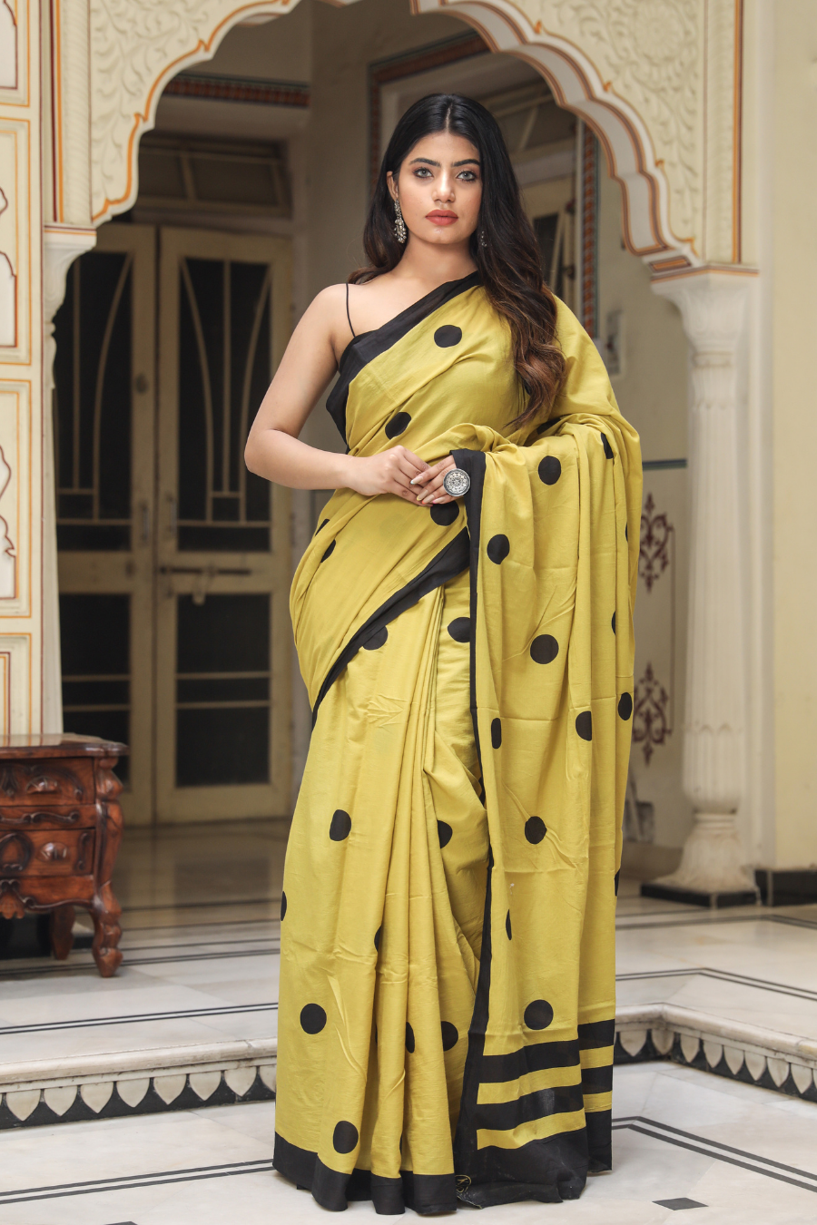 Mustard Yellow Cotton Mulmul Saree for Women | Polka Dot Print Saree | Black Border | Lightweight Ethnic Daily Wear Saree