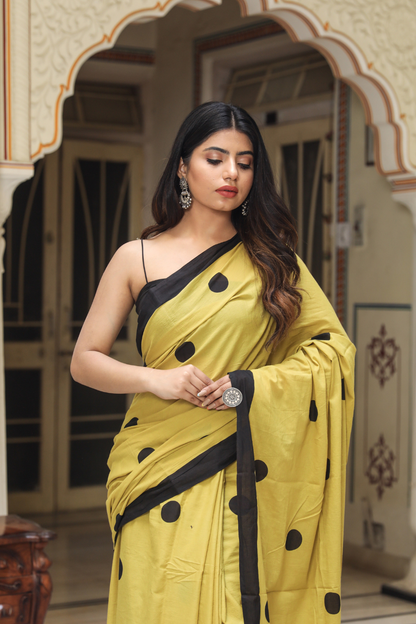 Mustard Yellow Cotton Mulmul Saree for Women | Polka Dot Print Saree | Black Border | Lightweight Ethnic Daily Wear Saree