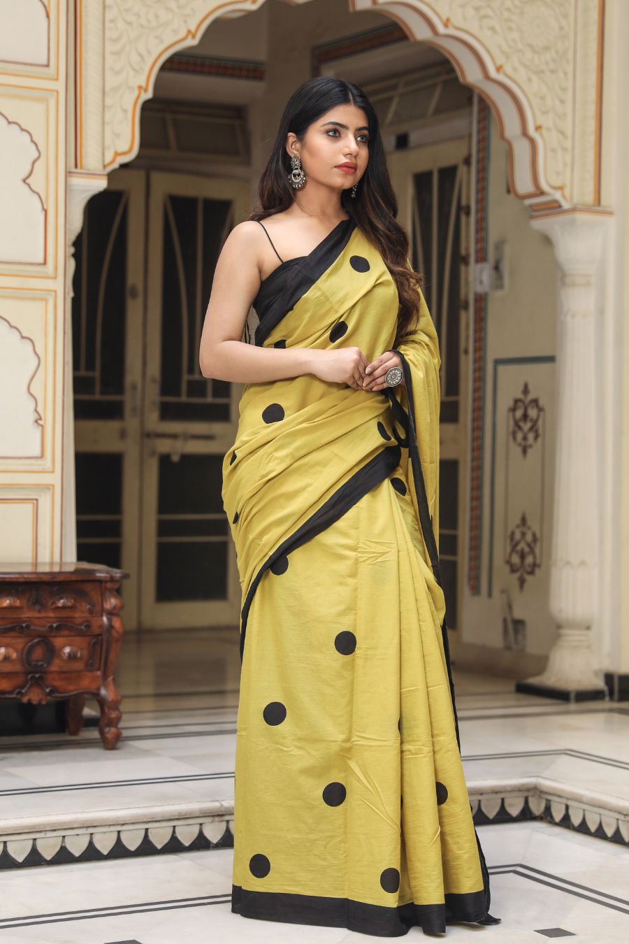 Mustard Yellow Cotton Mulmul Saree for Women | Polka Dot Print Saree | Black Border | Lightweight Ethnic Daily Wear Saree