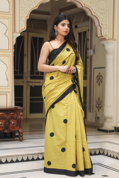 Mustard Yellow Cotton Mulmul Saree for Women | Polka Dot Print Saree | Black Border | Lightweight Ethnic Daily Wear Saree