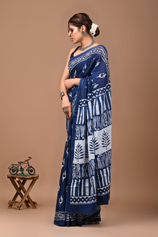 Indigo Blue Handblock Print Cotton Saree for Women | Traditional Ethnic Sare