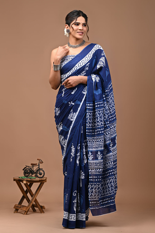 Indigo Blue Handblock Print Cotton Saree for Women | White Ethnic Motif Saree