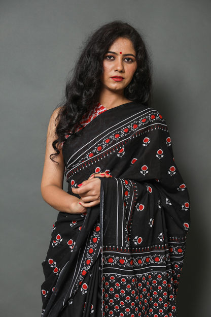 Black Hand Block Printed Cotton Mulmul Saree | Minimal Red & White Print | Soft Lightweight Ethnic Wear