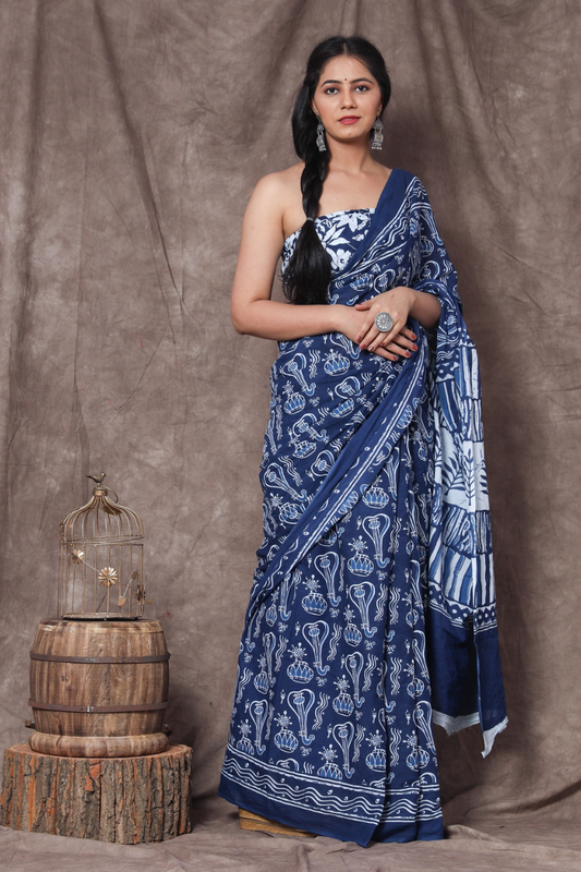 Indigo Blue Handblock Print Cotton Saree for Women | White Artisan Motif Saree