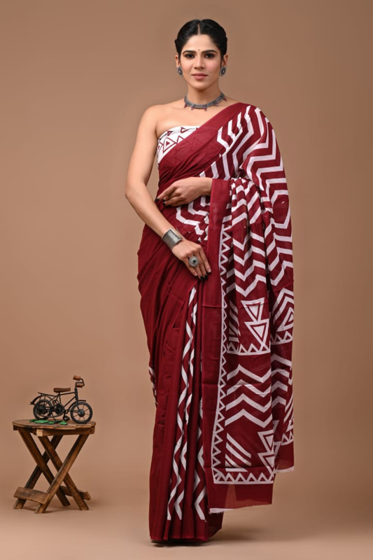 Maroon Cotton Mulmul Saree for Women | Hand Block Printed Saree | White Zig-Zag Pattern | Lightweight Ethnic Daily Wear Saree