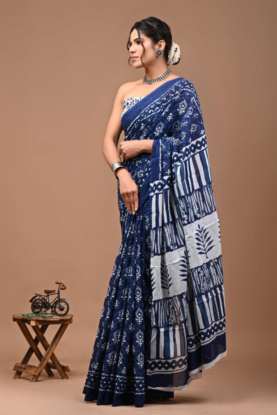 Indigo Blue Cotton Mulmul Saree for Women | Hand Block Printed Saree | White Ethnic Motif & Contrast Pallu | Lightweight Daily Wear Saree