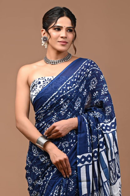 Indigo Blue Cotton Mulmul Saree for Women | Hand Block Printed Saree | White Ethnic Motif & Contrast Pallu | Lightweight Daily Wear Saree