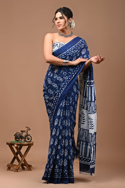 Indigo Blue Cotton Mulmul Saree for Women | Hand Block Printed Saree | White Ethnic Motif & Contrast Pallu | Lightweight Daily Wear Saree