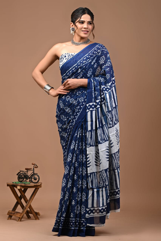 Indigo Blue Cotton Mulmul Saree for Women | Hand Block Printed Saree | White Ethnic Motif & Contrast Pallu | Lightweight Daily Wear Saree