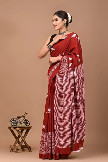 Maroon Cotton Mulmul Saree for Women | Hand Block Printed Saree | Bird Motif & Striped Pallu | Lightweight Ethnic Daily Wear Saree