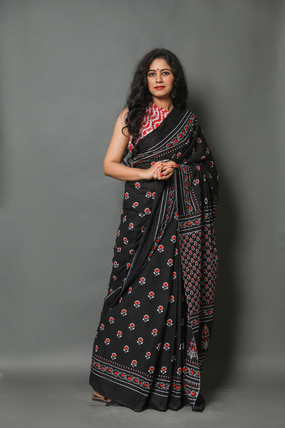 Black Hand Block Printed Cotton Mulmul Saree | Minimal Red & White Print | Soft Lightweight Ethnic Wear