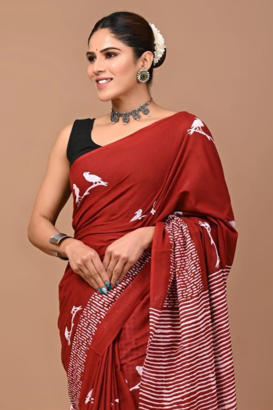 Maroon Cotton Mulmul Saree for Women | Hand Block Printed Saree | Bird Motif & Striped Pallu | Lightweight Ethnic Daily Wear Saree