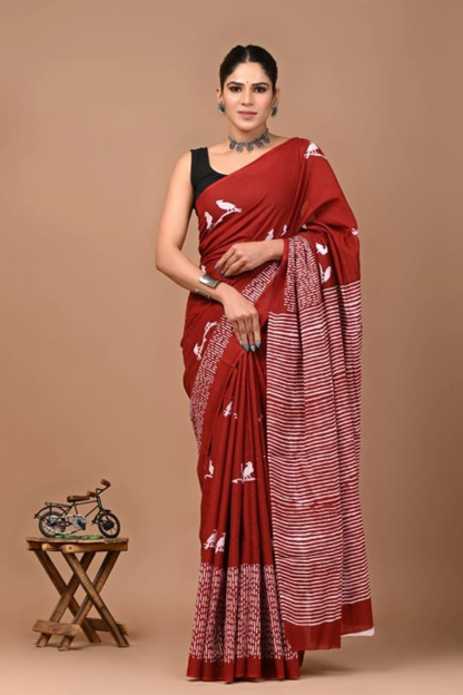 Maroon Cotton Mulmul Saree for Women | Hand Block Printed Saree | Bird Motif & Striped Pallu | Lightweight Ethnic Daily Wear Saree