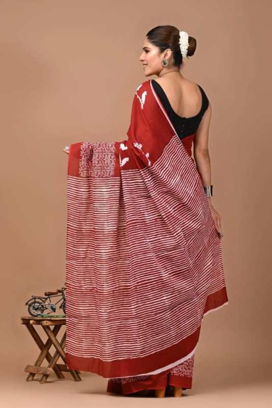 Maroon Cotton Mulmul Saree for Women | Hand Block Printed Saree | Bird Motif & Striped Pallu | Lightweight Ethnic Daily Wear Saree