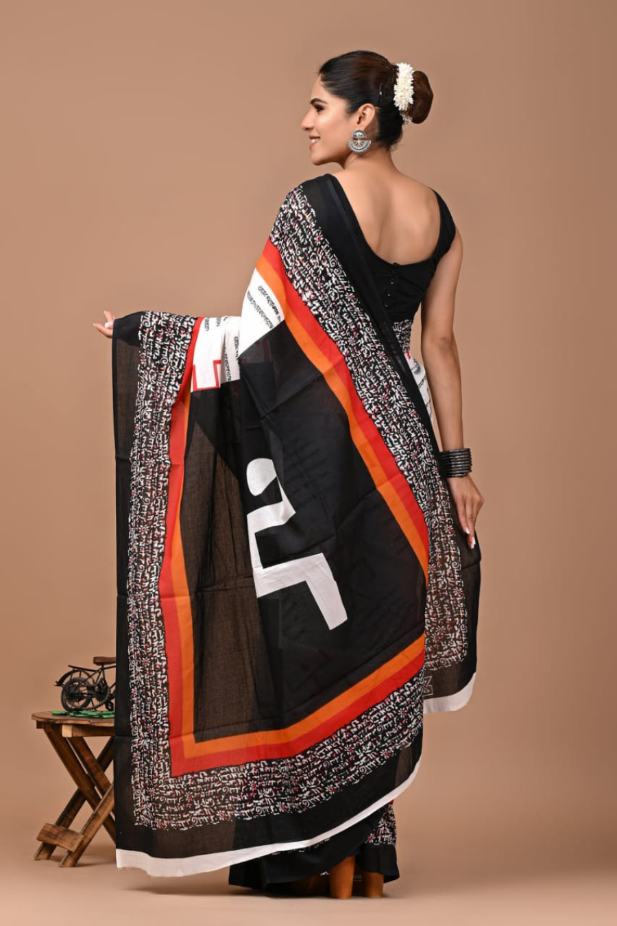 Black & White Cotton Mulmul Saree for Women | Abstract Printed Saree | Orange Border Statement Pallu | Lightweight Designer Ethnic Saree