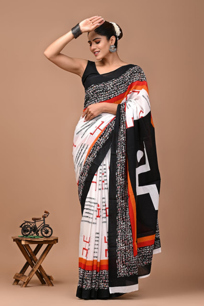 Black & White Cotton Mulmul Saree for Women | Abstract Printed Saree | Orange Border Statement Pallu | Lightweight Designer Ethnic Saree