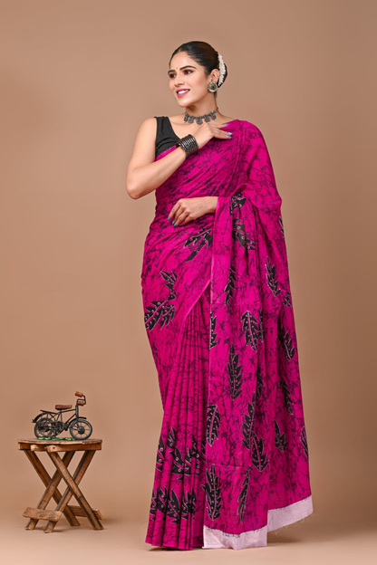Rani Pink Cotton Mulmul Saree for Women | Hand Block Printed Saree | Black Leaf Print | Lightweight Ethnic Daily Wear Saree