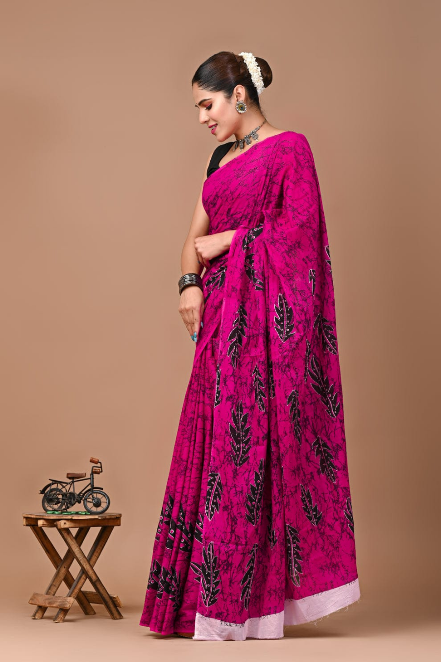 Rani Pink Cotton Mulmul Saree for Women | Hand Block Printed Saree | Black Leaf Print | Lightweight Ethnic Daily Wear Saree