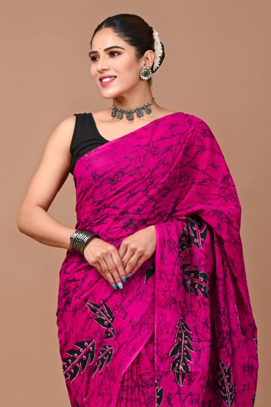 Rani Pink Cotton Mulmul Saree for Women | Hand Block Printed Saree | Black Leaf Print | Lightweight Ethnic Daily Wear Saree