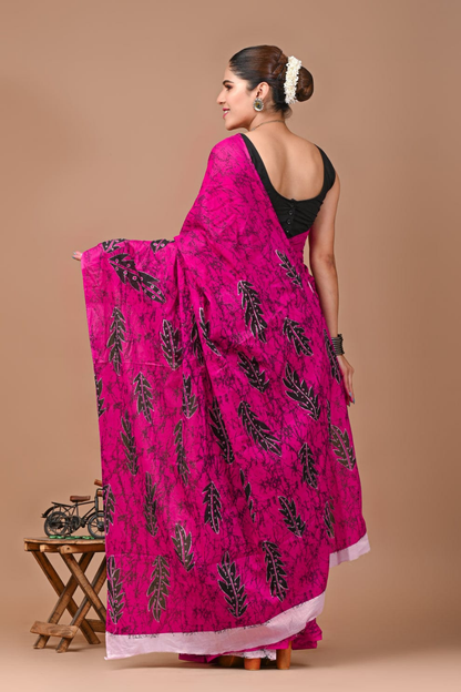 Rani Pink Cotton Mulmul Saree for Women | Hand Block Printed Saree | Black Leaf Print | Lightweight Ethnic Daily Wear Saree