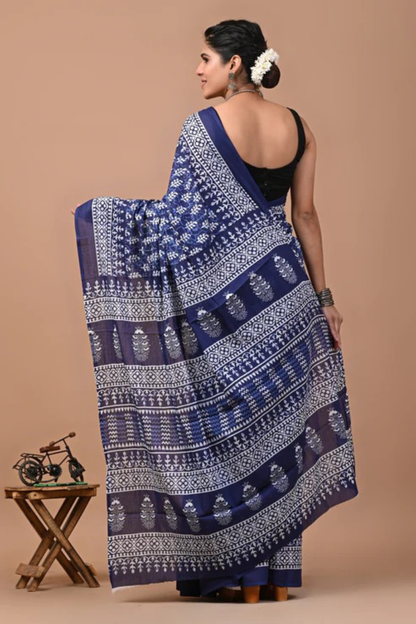 Blue Cotton Mulmul Saree for Women | Hand Block Printed Saree | White Ethnic Print & Artisan Pallu | Lightweight Daily Wear Saree